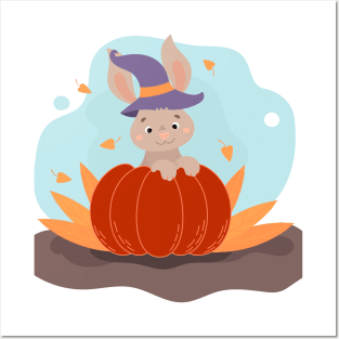 cute bunny sitting in a pumpkin, Happy Halloween. Posters and Art